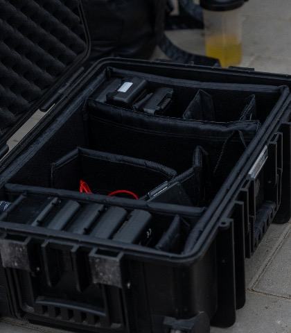 Open modular storage case in a van setup